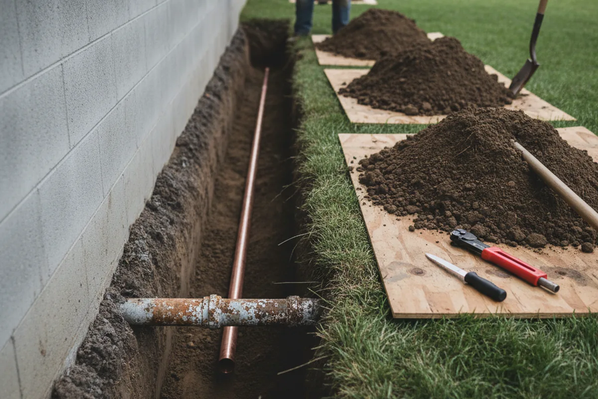 Excavated water line trench during Water Softener Installation in Tiverton